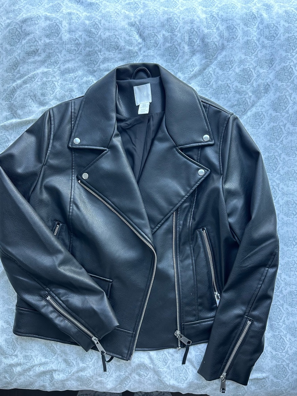 H&M Black Faux Leather Moto Jacket with Silver Hardware